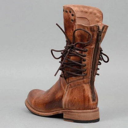 Damen Schnürstiefel Robust Nieten Stiefel Schwarz