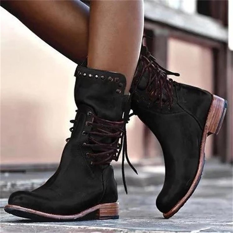 Damen Schnürstiefel Robust Nieten Stiefel Schwarz