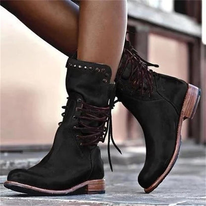 Damen Schnürstiefel Robust Nieten Stiefel Schwarz
