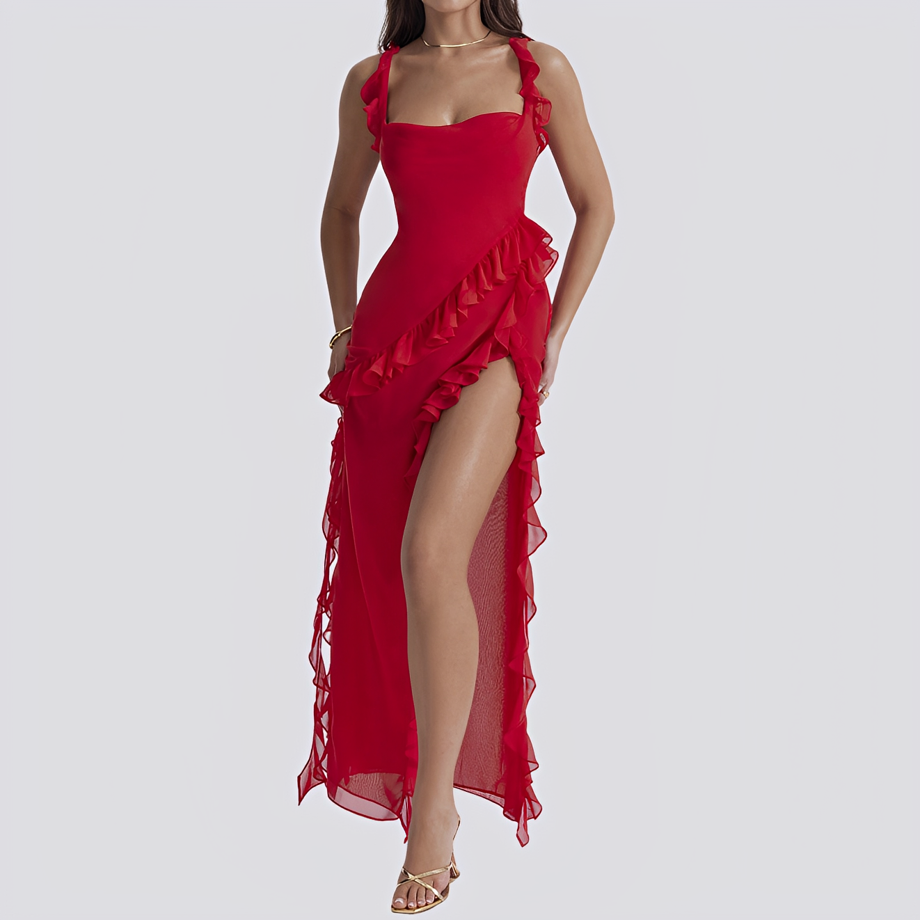 Sommerkleid Damen Rüschen Hochschlitz Kleid Lässig