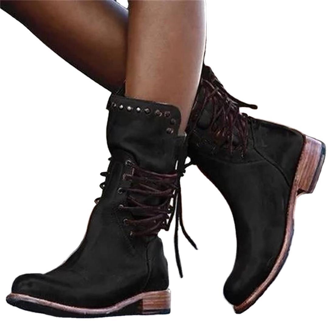 Damen Schnürstiefel Robust Nieten Stiefel Schwarz