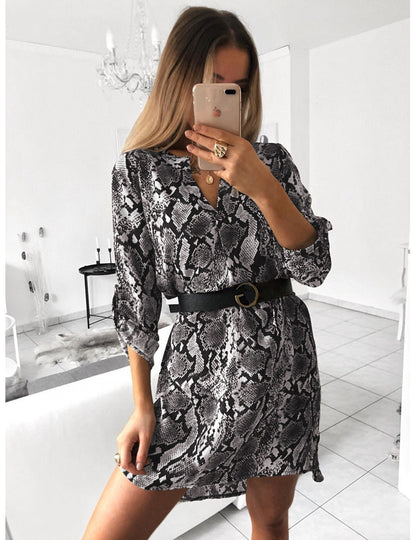 Damenkleid Tiermuster Bluse mit Gürtel Modern