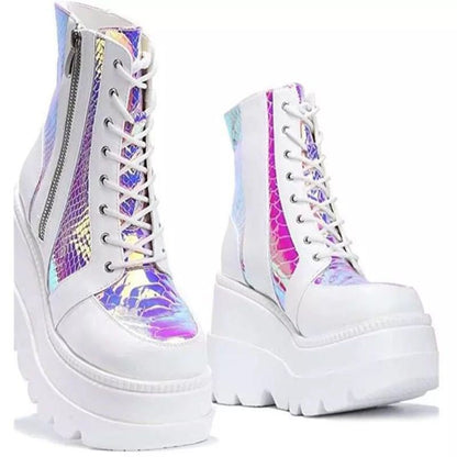 Damen Plateau Stiefel Hoch Schnürstiefel Kunstleder Reflektierend - BerlinGlamour