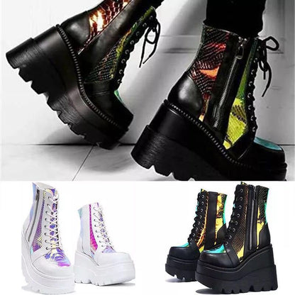 Damen Plateau Stiefel Hoch Schnürstiefel Kunstleder Reflektierend