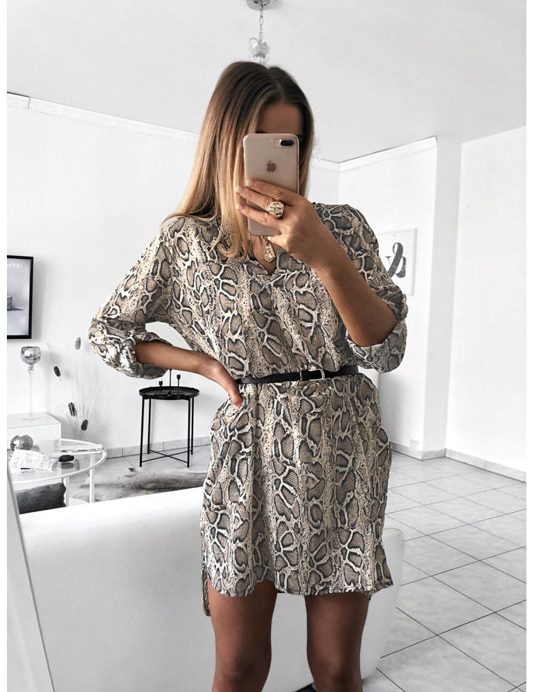 Damenkleid Tiermuster Bluse mit Gürtel Modern