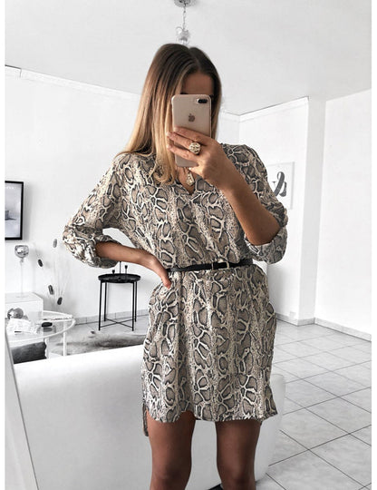Damenkleid Tiermuster Bluse mit Gürtel Modern