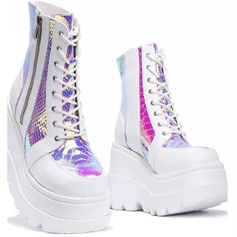 Damen Plateau Stiefel Hoch Schnürstiefel Kunstleder Reflektierend