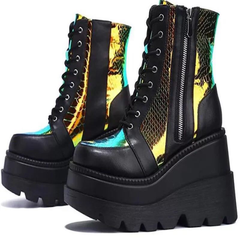 Damen Plateau Stiefel Hoch Schnürstiefel Kunstleder Reflektierend