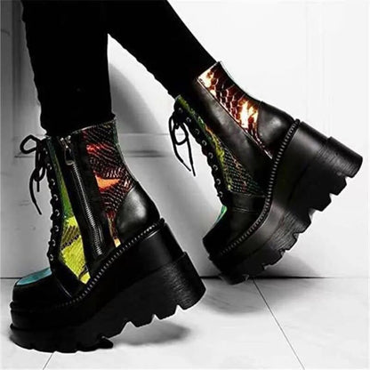 Damen Plateau Stiefel Hoch Schnürstiefel Kunstleder Reflektierend