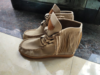 Damen Stiefel Mokassin Fransen Design Handmade Lederschuhe