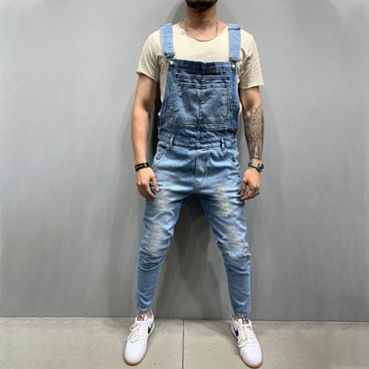 Herren Destroyed Jeans Latzhose Ripped Style