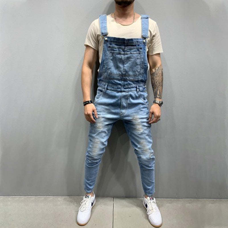 Herren Destroyed Jeans Latzhose Ripped Style