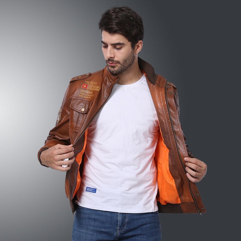 Lederjacke Herren Vintage Militärstyle Patches Schwarz
