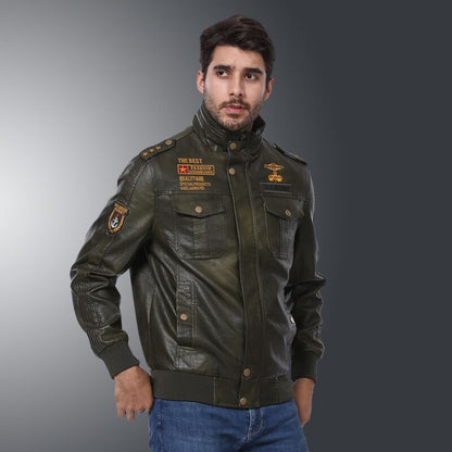 Lederjacke Herren Vintage Militärstyle Patches Schwarz