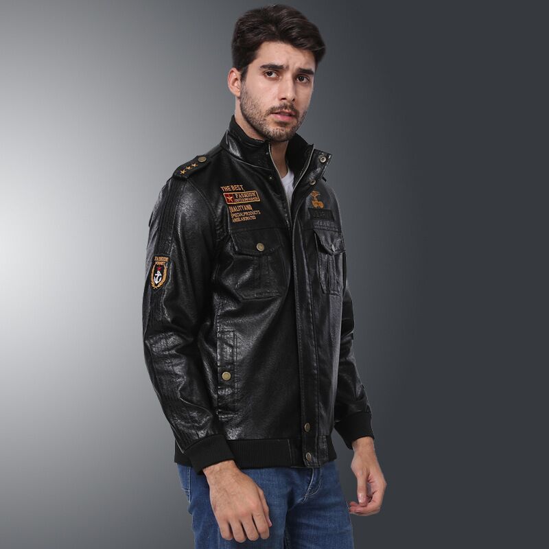 Lederjacke Herren Vintage Militärstyle Patches Schwarz