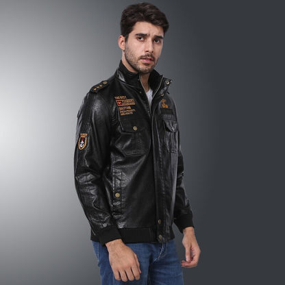 Lederjacke Herren Vintage Militärstyle Patches Schwarz