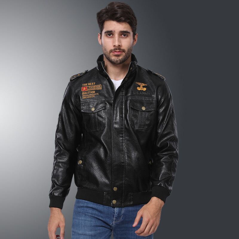 Lederjacke Herren Vintage Militärstyle Patches Schwarz - BerlinGlamour