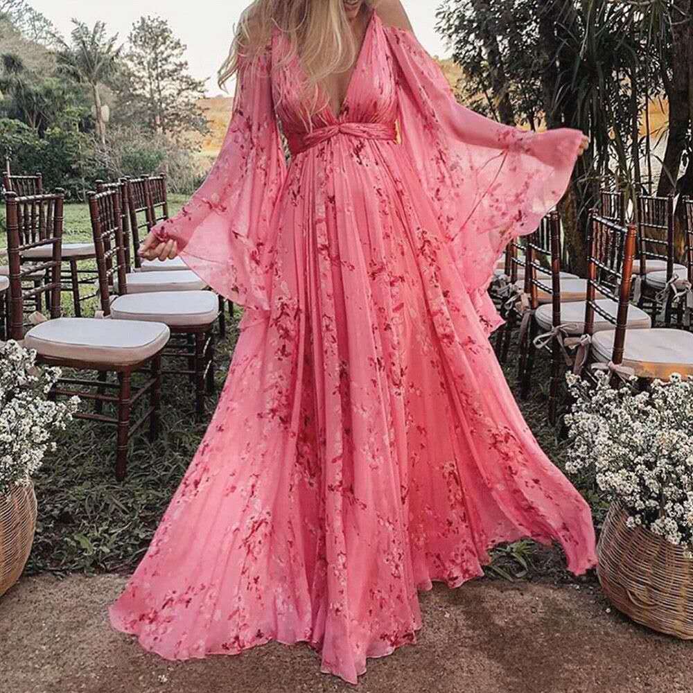Damen Maxikleid Lang Ärmig Florales Muster Sommerkleid