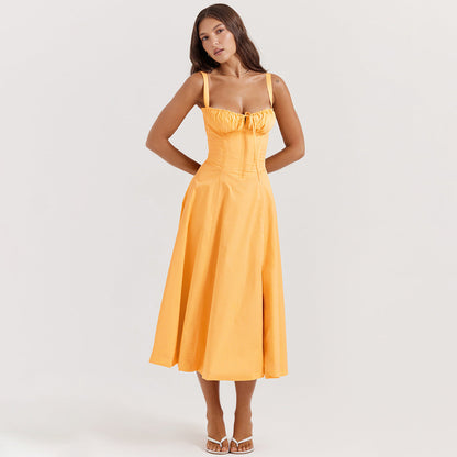 BerlinGlamour Sommerkleid: schmal geschnittenes Überknielanges Kleid mit Rückenausschnitt