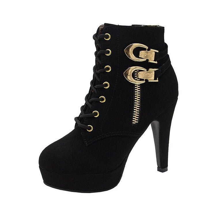 Damen Stiefeletten High Heel Schnalle Reißverschluss Schwarz