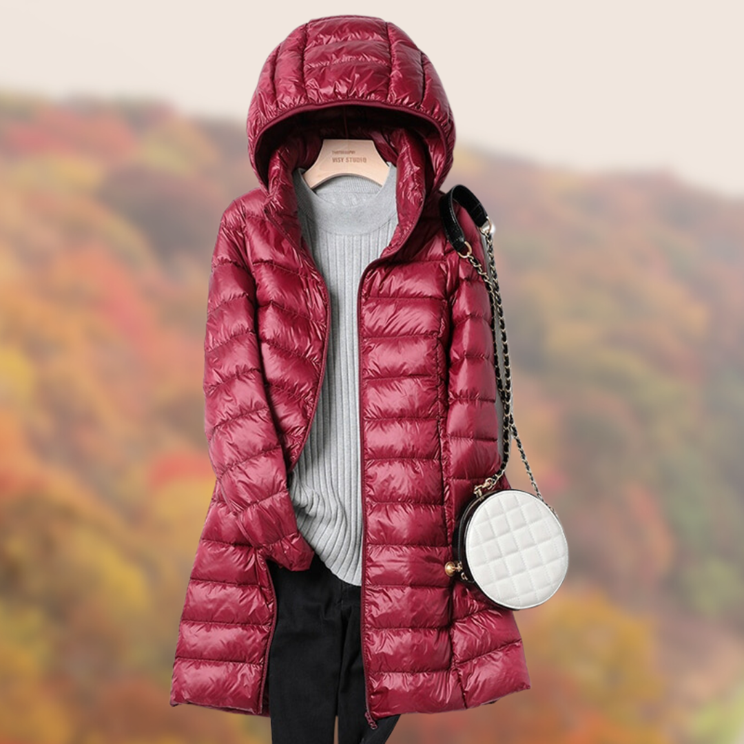 Lange Damen Steppjacke Glänzend mit Kapuze