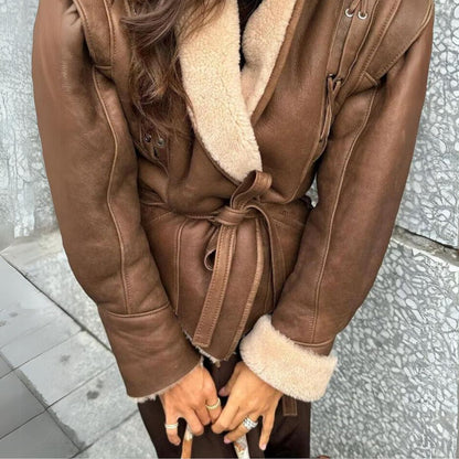 Kunstlederjacke Warm Teddyfutter Schnürung Frauen