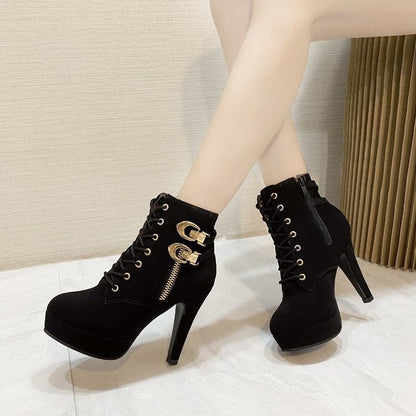 Damen Stiefeletten High Heel Schnalle Reißverschluss Schwarz