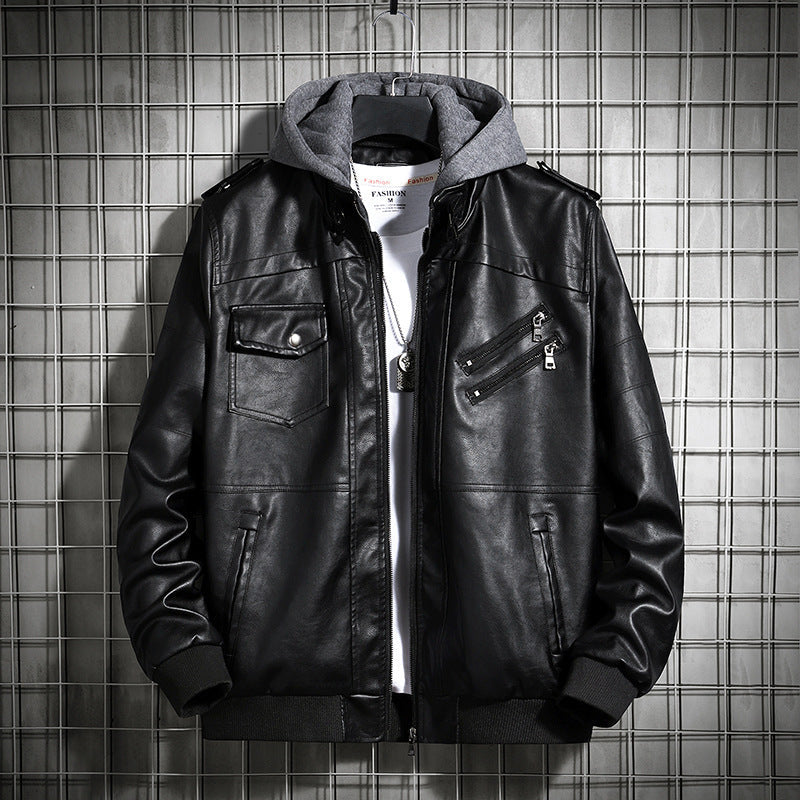 Herren Lederjacke Lässig Mit Kapuze und Taschen