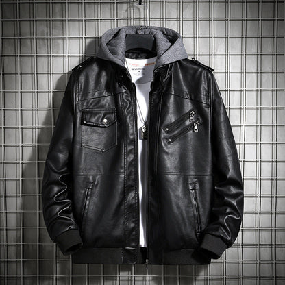 Herren Lederjacke Lässig Mit Kapuze und Taschen