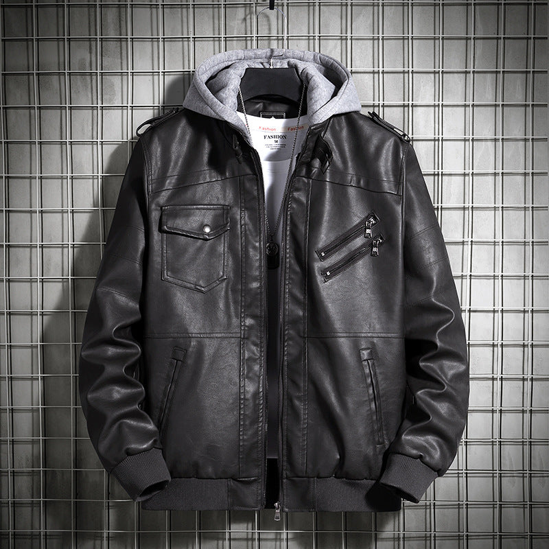 Herren Lederjacke Lässig Mit Kapuze und Taschen