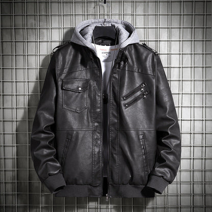 Herren Lederjacke Lässig Mit Kapuze und Taschen