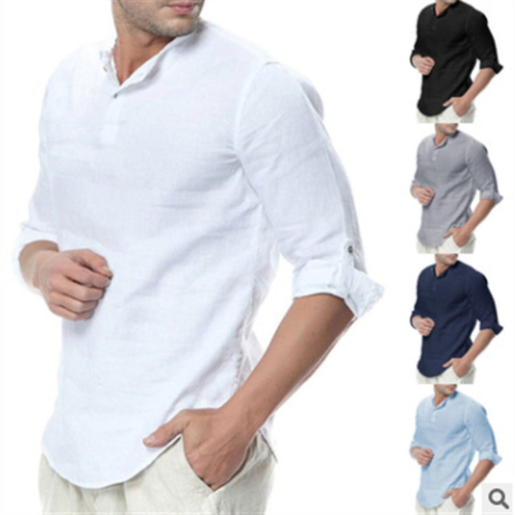 Herren Leinenbluse Modern Stehkragen Knopf Detail Elegante - BerlinGlamour