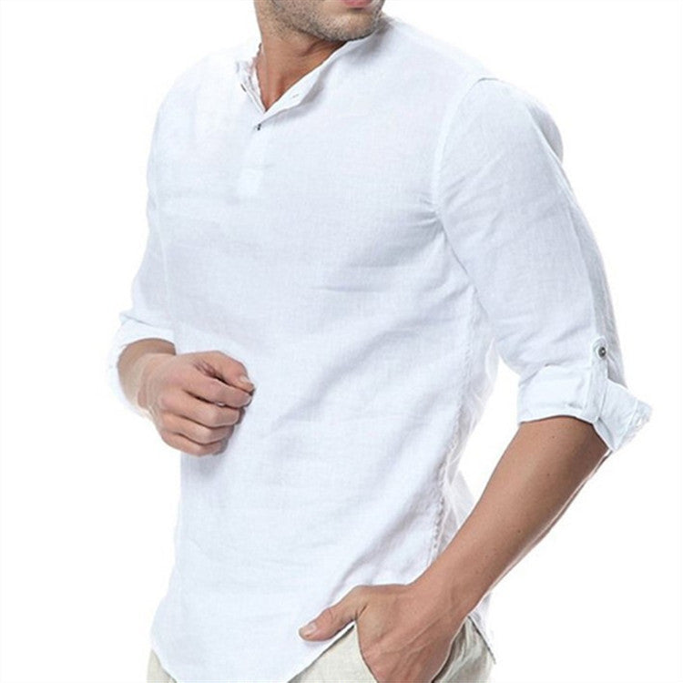 Herren Leinenbluse Modern Stehkragen Knopf Detail Elegante