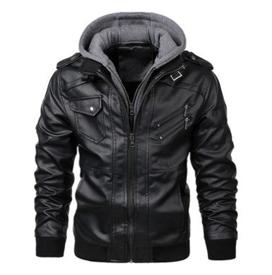 Herren Lederjacke mit Kapuze und Reißverschlusstaschen schwarz