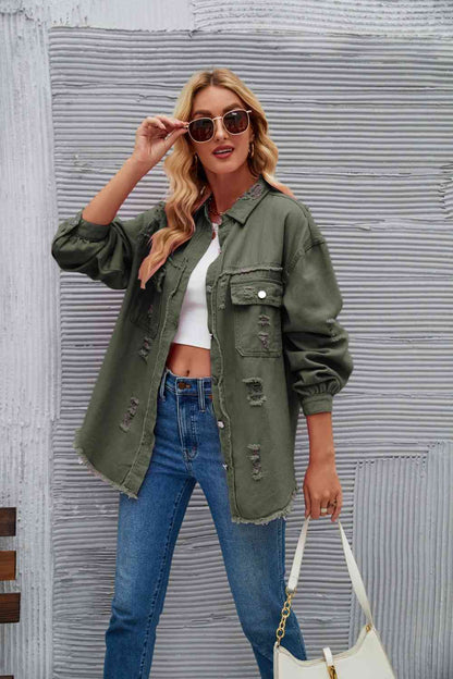 Rohsaum Denimjacke Zerrissen Trendig Frauenjacke