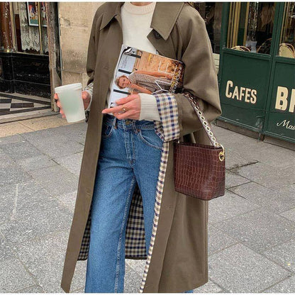 Damen Trenchcoat Lang Wasserfest Kariert Wintermantel