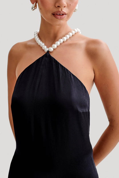 Celine | Blanche Satin Perlenhalter Maxikleid Zendoo.de