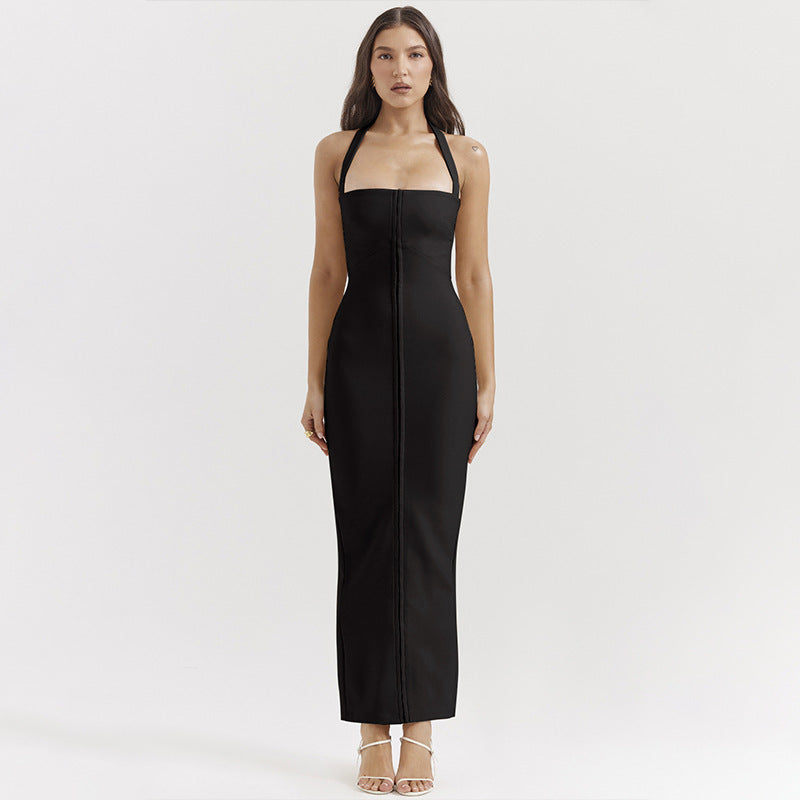Elegantes Abendkleid Maxi Lang Halterneck Rückenausschnitt