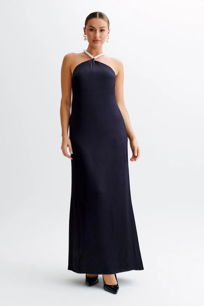 Celine Maxikleid Satin Perlenverziert Weiß Abendkleid - BerlinGlamour
