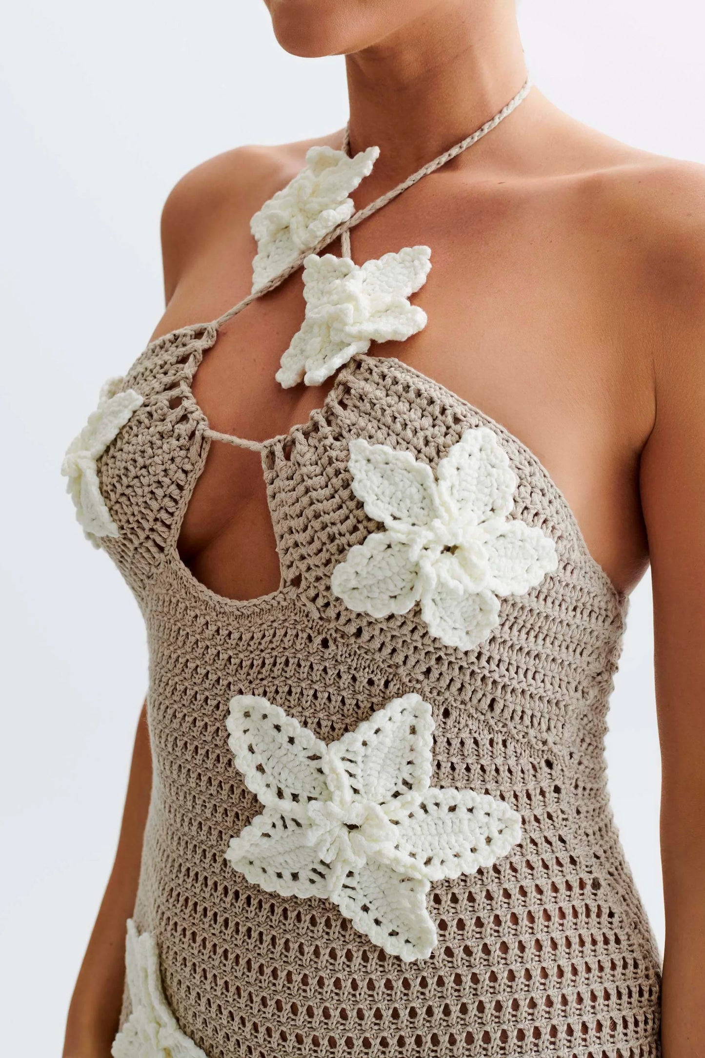 Sommerkleid Damen Häkel Maxikleid Blumen Dekor