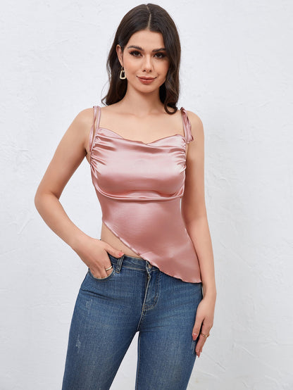 Rosa Satin-Top Damen Kurz Asymmetrisch Schnürung - BerlinGlamour