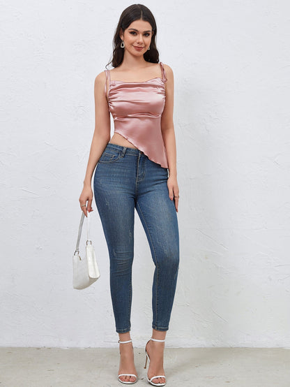 Rosa Satin-Top Damen Kurz Asymmetrisch Schnürung