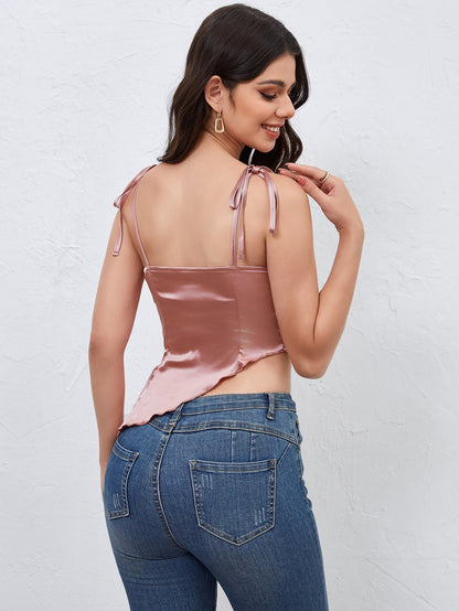 Rosa Satin-Top Damen Kurz Asymmetrisch Schnürung