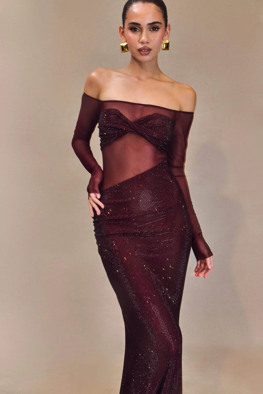 Off-Shoulder Maxikleid mit Glitzersteinen und Mesh-Stoff - BerlinGlamour