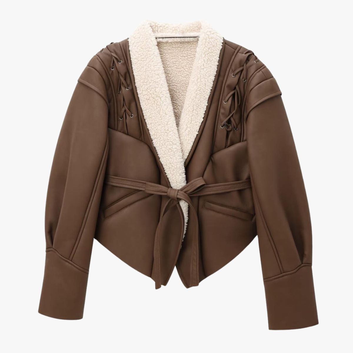 Kunstlederjacke Warm Teddyfutter Schnürung Frauen - BerlinGlamour
