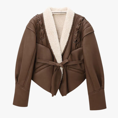 Kunstlederjacke Warm Teddyfutter Schnürung Frauen - BerlinGlamour