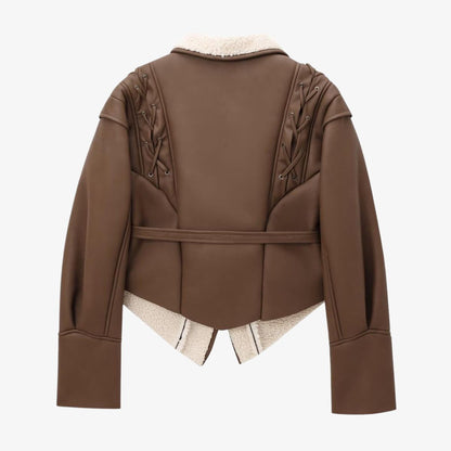 Kunstlederjacke Warm Teddyfutter Schnürung Frauen