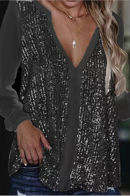 Glamour Bluse mit Pailletten V-Ausschnitt Langärmlig