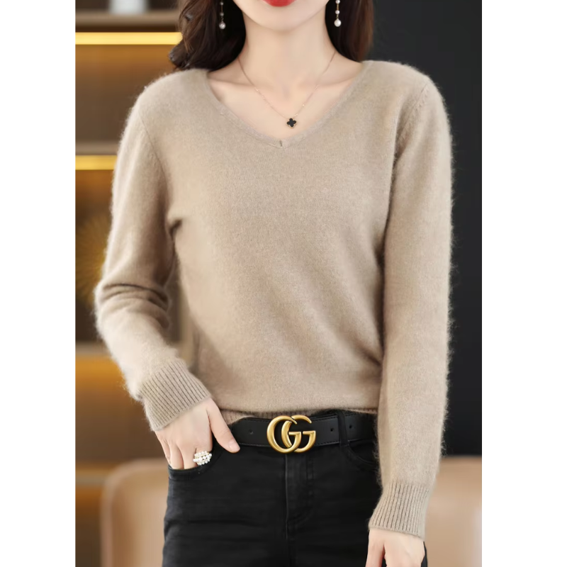 Damen Pullover V-Ausschnitt Weich Leichter Strick