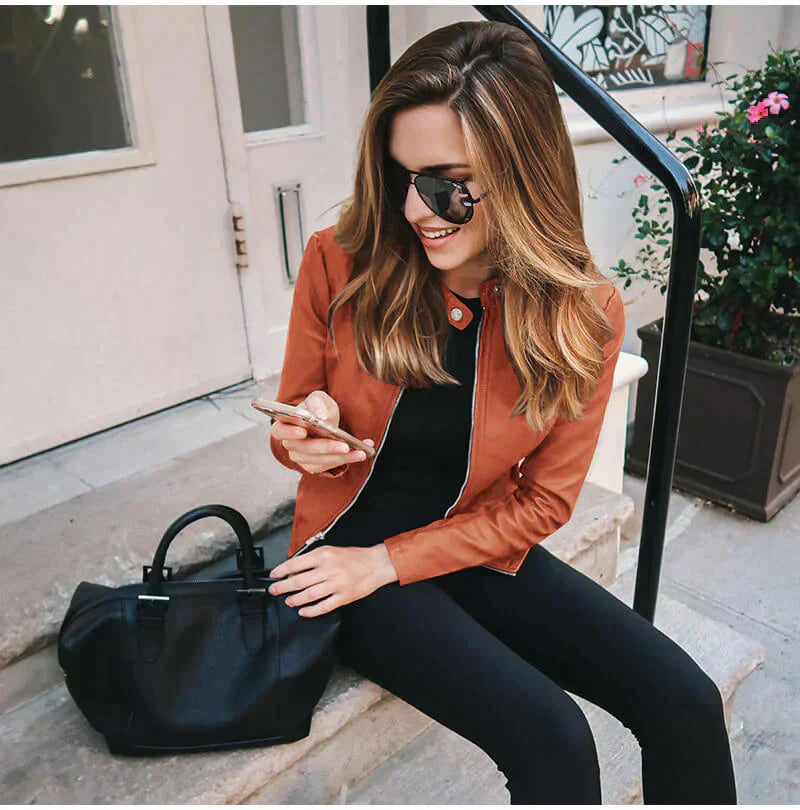 Leder Bikerjacke Italienisch Schwarz Damen